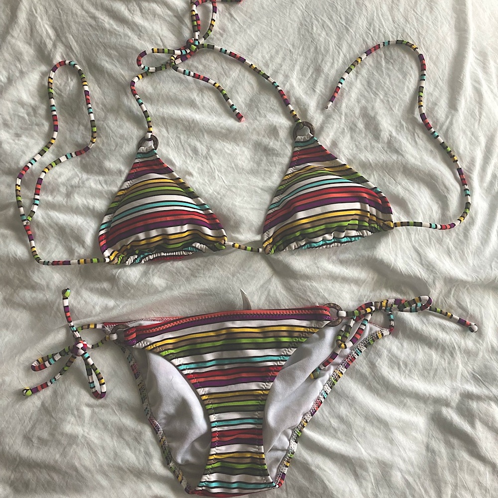 American eagle multi striped bikini top small bottom xs